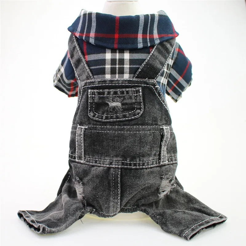 Dog Cat Denim Pleaid Judsuit Hoodie Pet Puppy Jean Jack