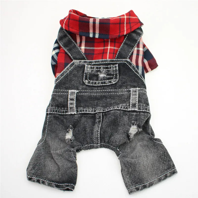 Dog Cat Denim Pleaid Judsuit Hoodie Pet Puppy Jean Jack