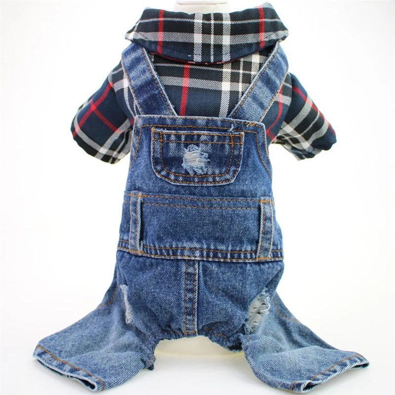 Dog Cat Denim Plaid Jumpsuit Hoodie Pet Puppy Jean Jacket Spring/Autumn Clothes Apparel 4 Colours