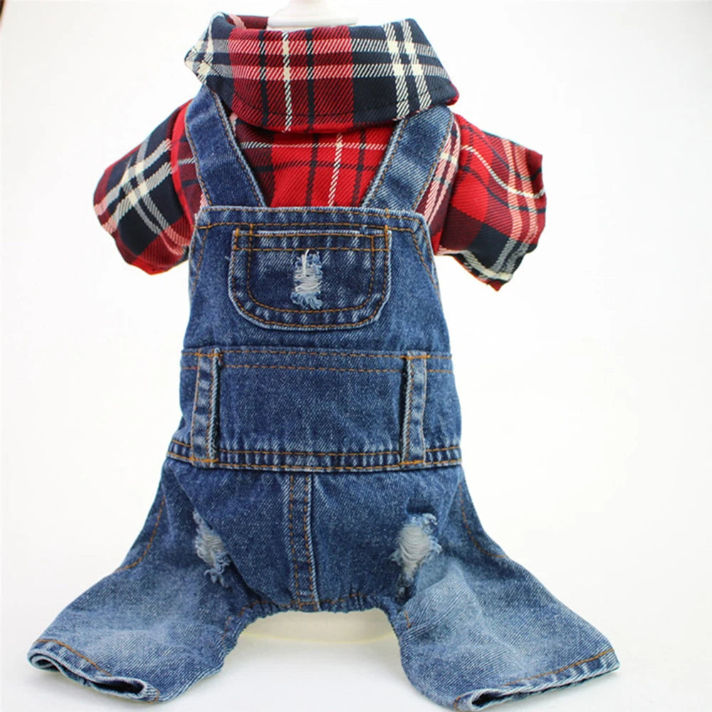 Dog Cat Denim Pleaid Judsuit Hoodie Pet Puppy Jean Jack