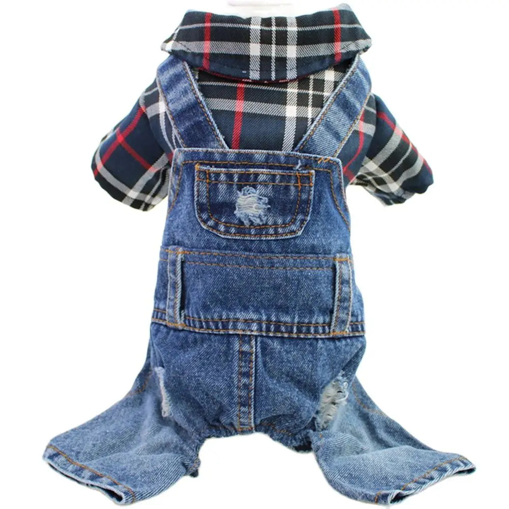 Dog Cat Denim Pleaid Judsuit Hoodie Pet Puppy Jean Jack